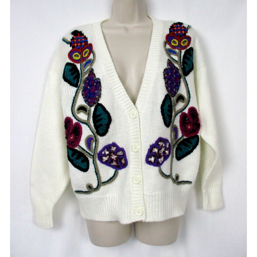 VINTAGE Cottage GrannyCore Cardigan Sweater Medium Embroidered Floral Chunky Y2K